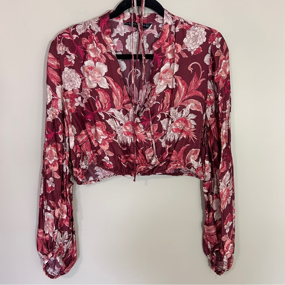 Zara Women's Boho Feminine Pink Floral Cropped Blouse Size Large - Picture 3 of 8
